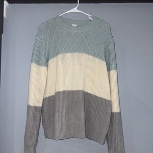 Colorblock Knit Sweater - Blue, Cream, and Gray